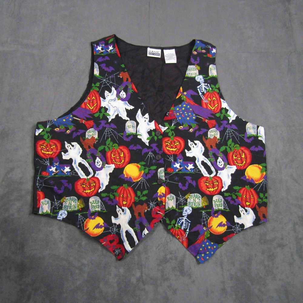 Basic Editions Halloween Vest Women 1X Black Ghost Pumpkin Skeleton Vintage